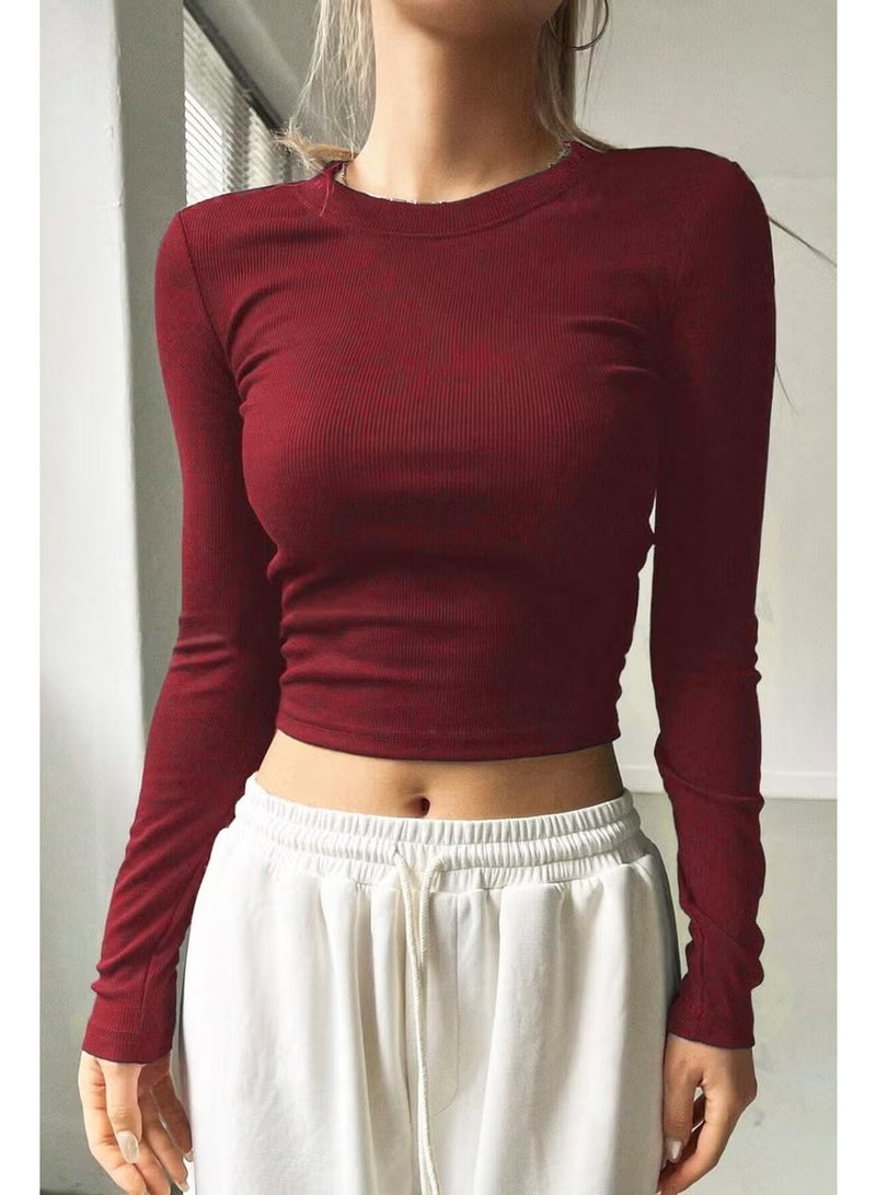 BRZ Collection Women's Long Sleeve Ribbed Basic Crop Blouse Claret Red - Image 1
